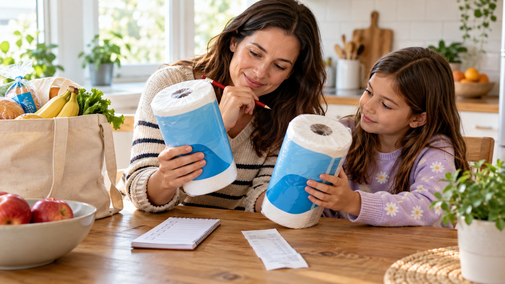 Parent and child comparing two household products beside a shopping list and receipt