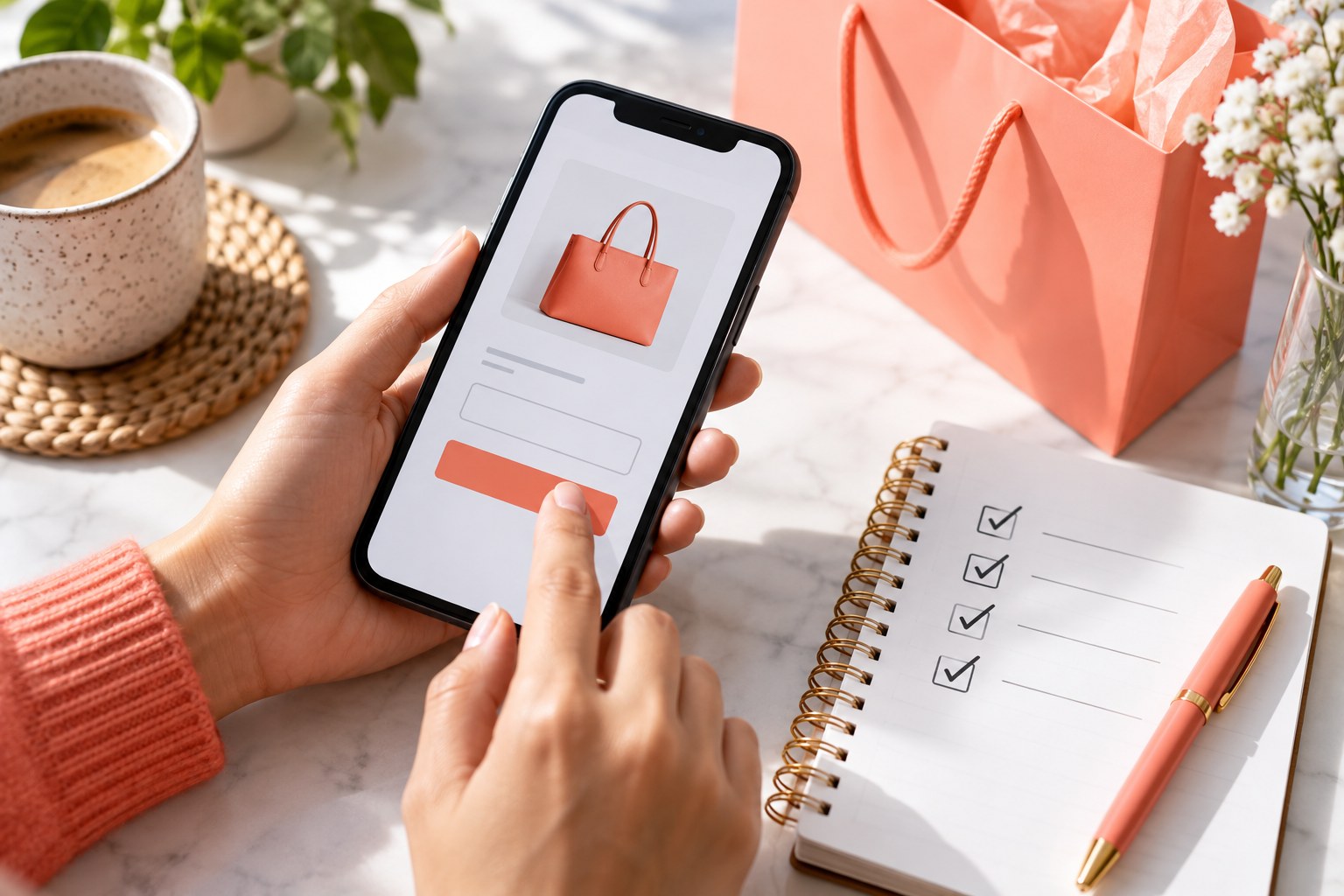 Phone checkout and a coupon checklist on a bright tabletop