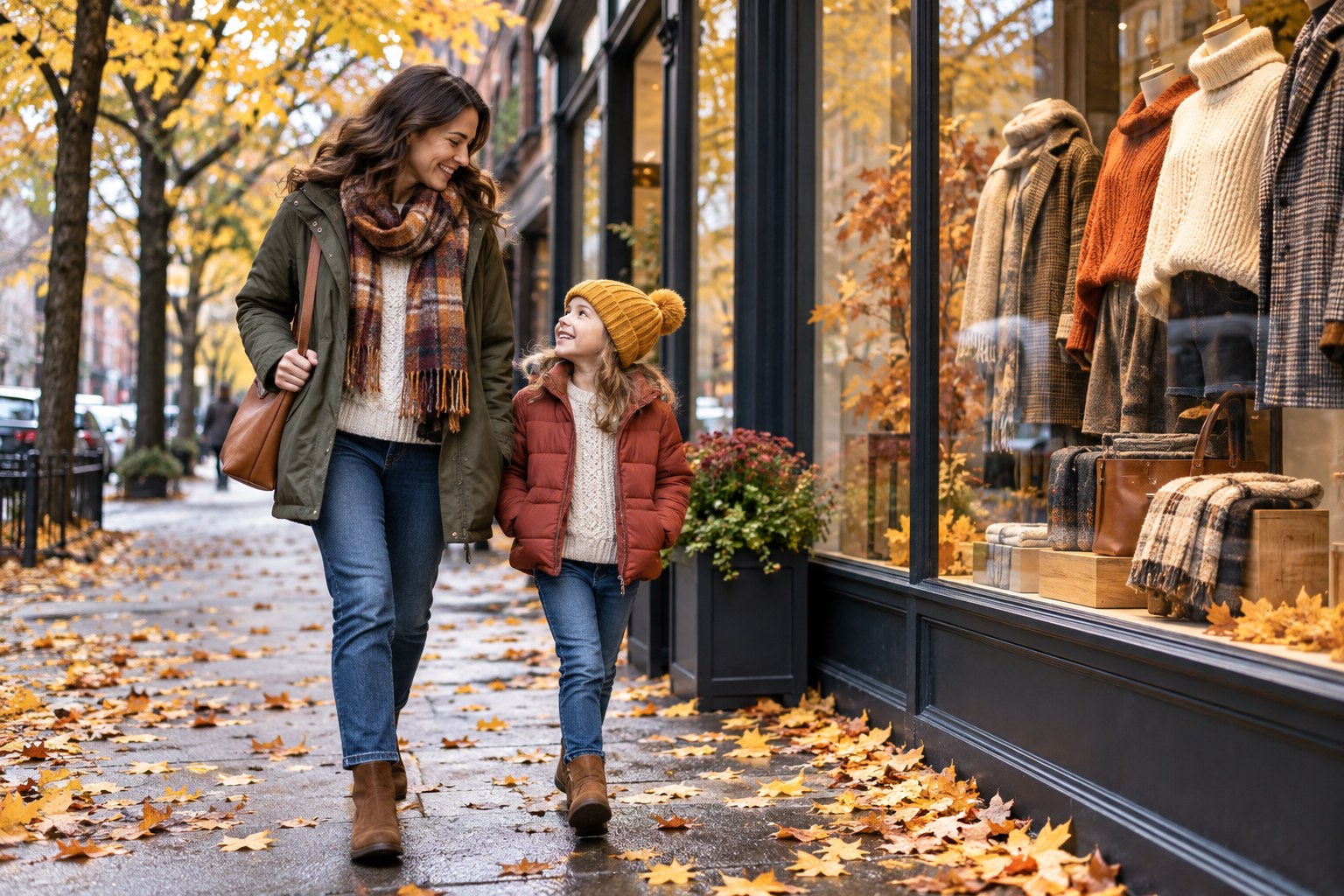 Parent and child walking past fall clothing displays on an autumn sidewalk