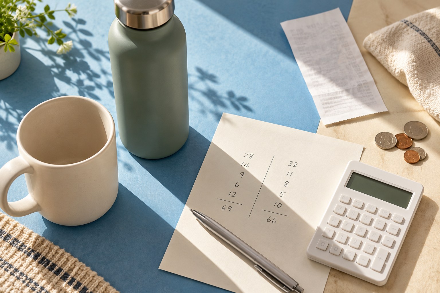 Calculator, household products, and price comparison notes on a blue tabletop
