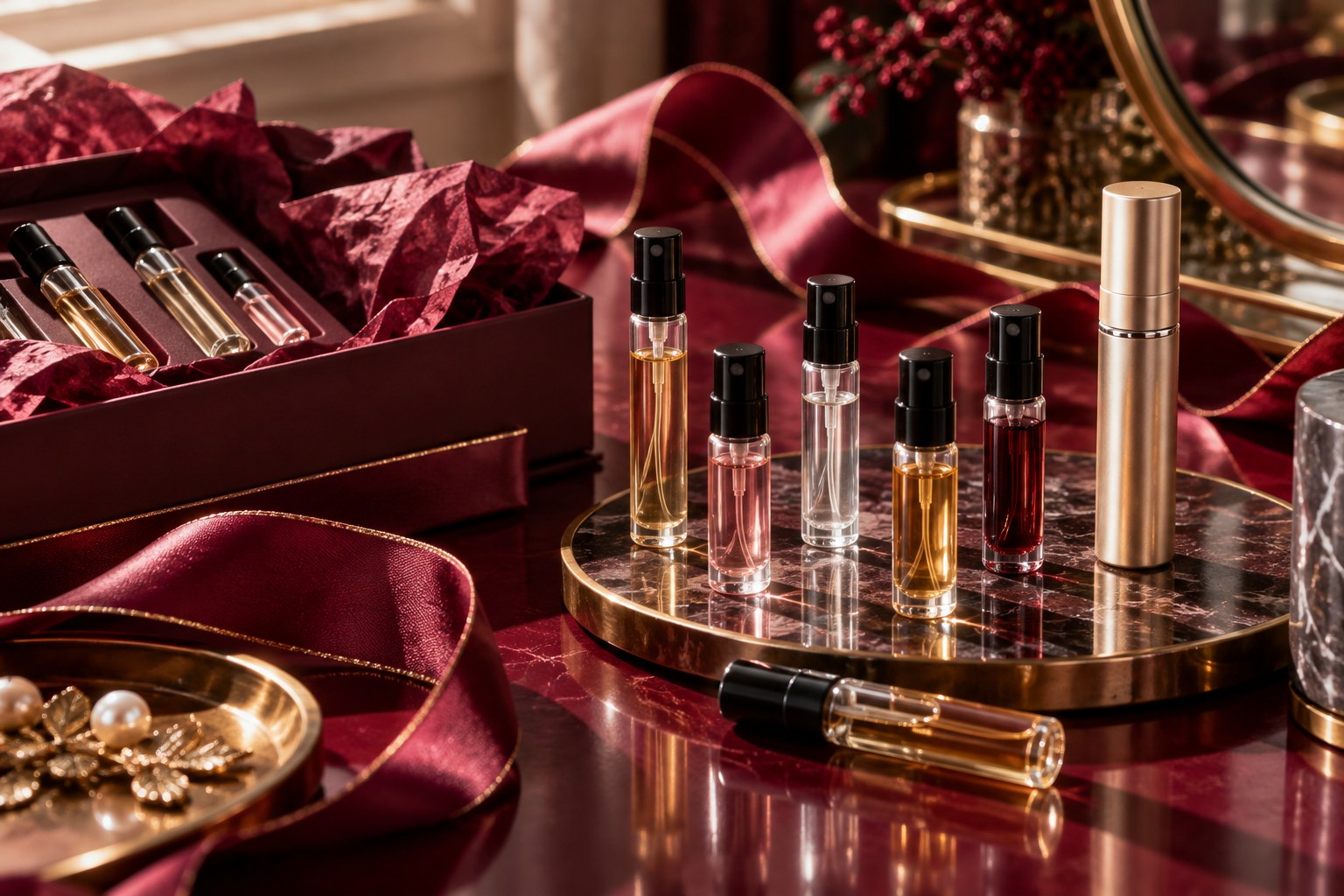 Fragrance samples and gift ribbon on a burgundy vanity