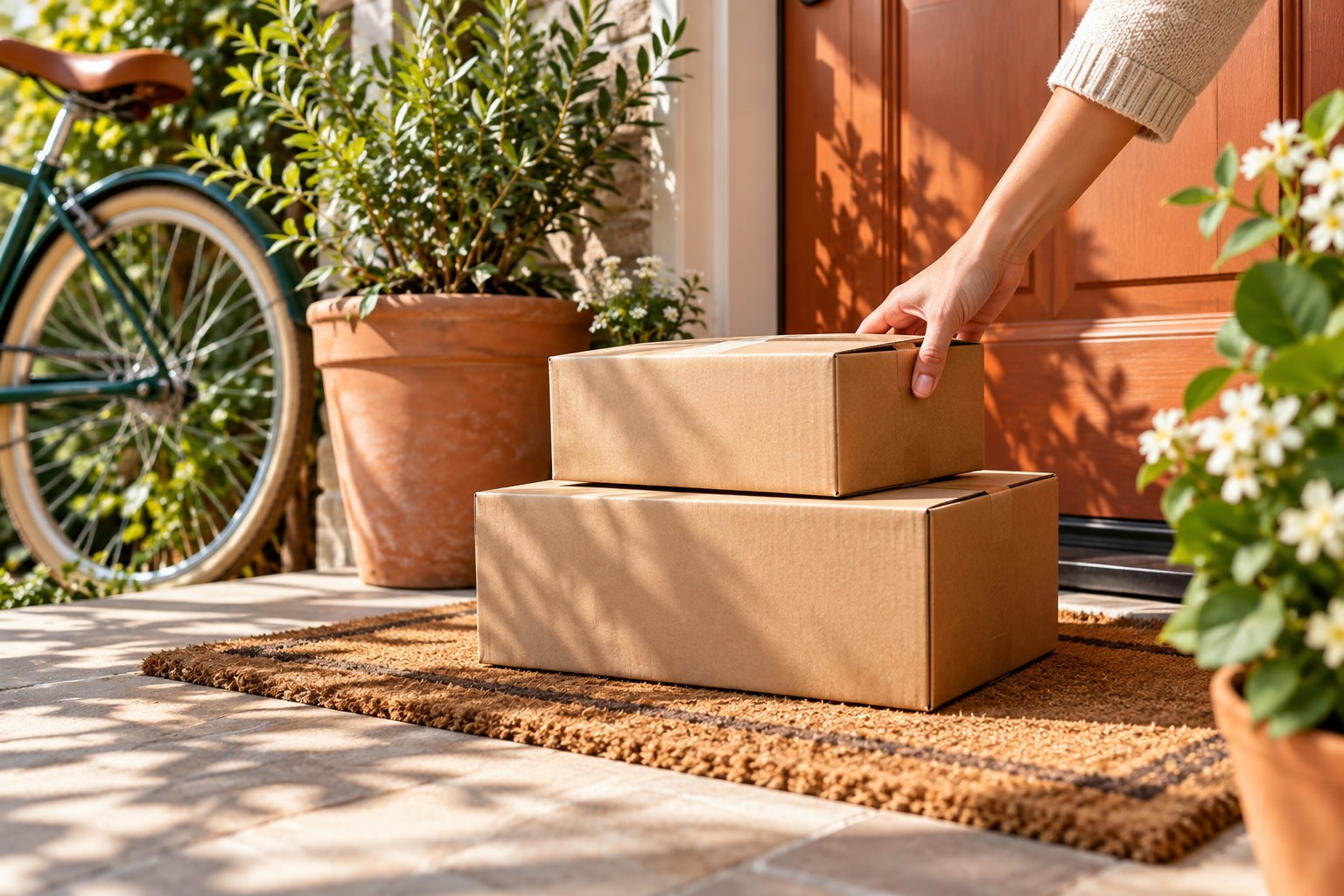 Plain delivery parcels on a sunny doorstep