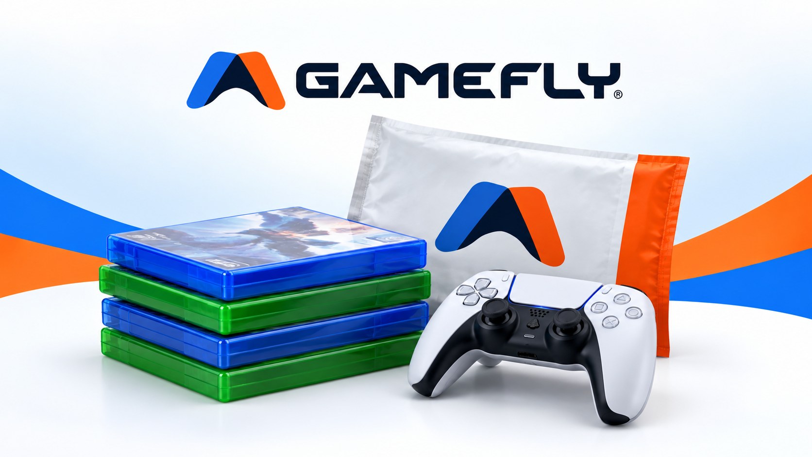 GameFly branded game rental cases, controller, and return mailer on a table