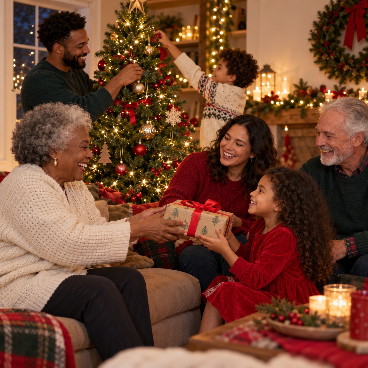Family exchanging a wrapped gift beside a holiday tree