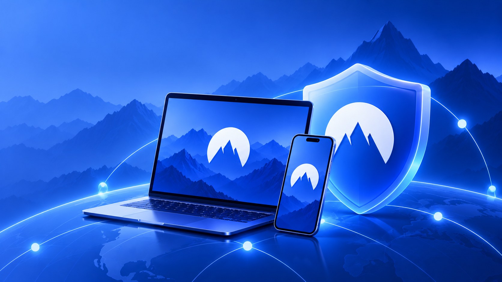 NordVPN mountain logo on a laptop and phone against a blue mountain illustration