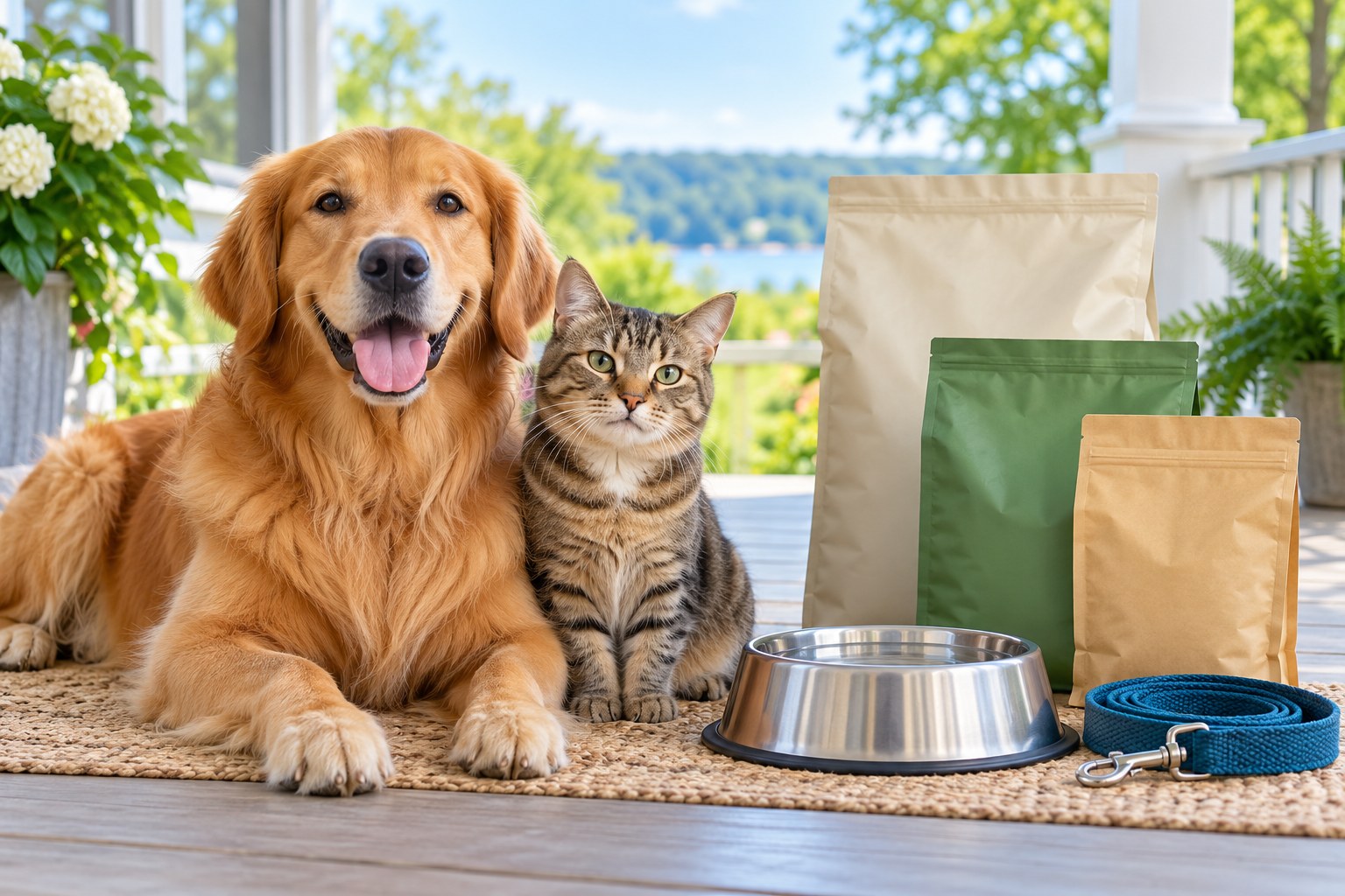 Dog and cat beside pet supplies on a sunny porch