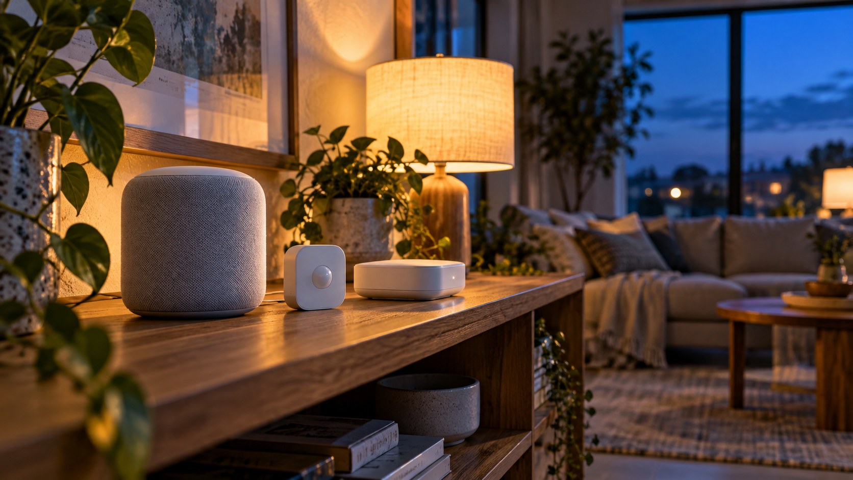 Smart speaker, sensor, and hub in a living room