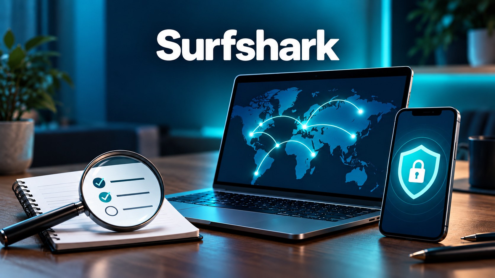 Surfshark branded laptop and phone beside a plan comparison checklist